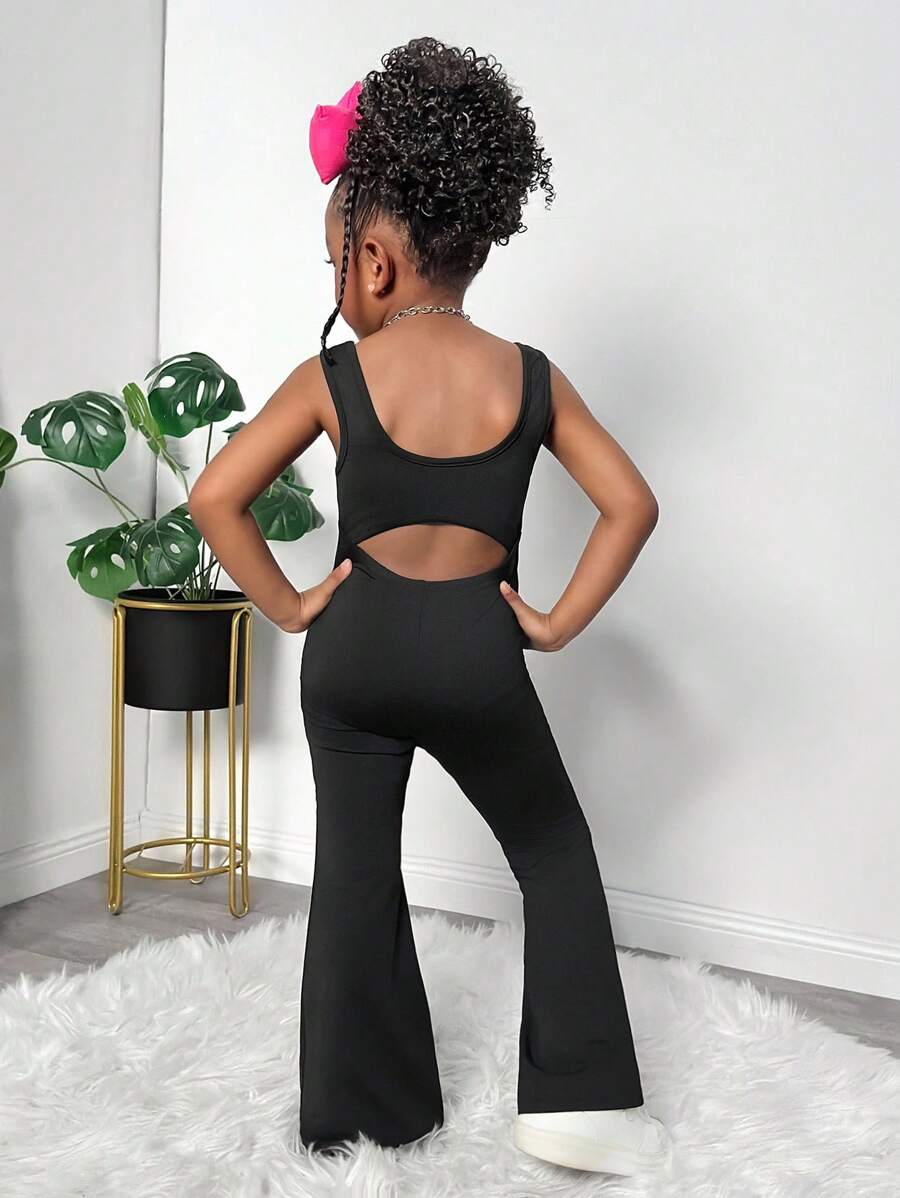 Sleeveless Knit Backless Jumpsuit, Cute Casual Everyday Versatile Fashionable Style For Young Girls Girls Black Jumpsuit Girls Jumpsuit Black Girls Jumpsuit Kids Black Jumpsuit Teen Jumpsuit - Black - View 1