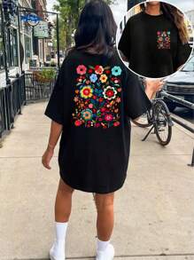 SHEIN LUNE Plus Size Women Floral Print Round Neck Drop Shoulder Casual Loose T-Shirt, Summer - Black - View 1