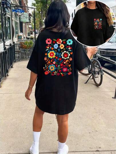 EMERY ROSE Plus Size Women Floral Print Round Neck Drop Shoulder Casual Loose T-Shirt, Summer