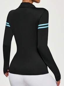 Easithlete Easithlete Camiseta polo deportiva de mujer de manga larga a rayas con media cremallera - Negro - Ver 2