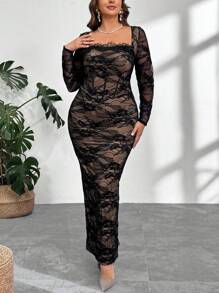 Firerie Plus Size Sexy Lace Long Sleeve Fitted Bodycon High Slit Dress For Party, Date, Evening, Spring & Summer Fall - Black - View 5