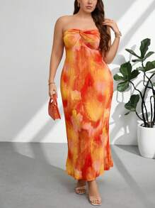 Firerie Vestido de mujer de talla grande de estilo elegante y casual, perfecto para vacaciones, días soleados, citas románticas. Vestido con parte superior tipo tubo, detalle de nudo frontal, de tela suelta, con estampado de flores y teñido anudado, con volantes.