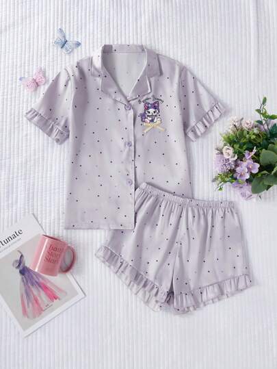 女童波尔卡圆点印花可爱睡衣套装，带纽扣开衫短袖短裤，柔软舒适，适合大童女孩 女童波尔卡圆点睡衣套装，返校时尚