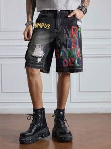 ROMWE MEN Street Life Pantalones cortos de mezclilla casuales para hombre con grafiti pintado a mano - Negro - Ver 1