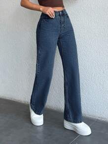 EURMUSE Women's Pocketed Wide Leg Loose Casual Versatile Denim Jeans - Dark Wash - View 4