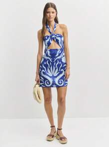 Nöista Vestido corto de cuello halter con estampados inspirados en el mar, corte delantero y detalle de lazo. ¡Un look destacado para el 4 de julio perfecto para fiestas en la playa y escapadas junto al océano!