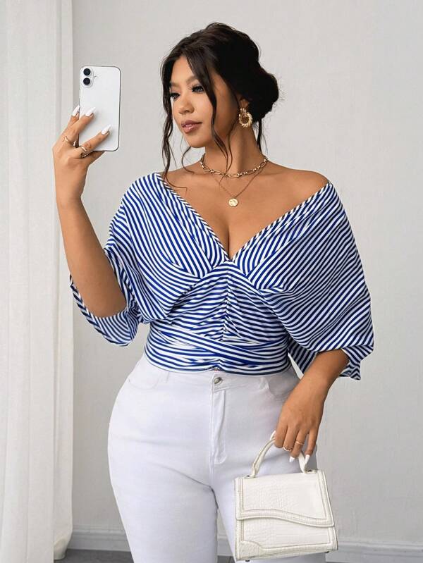 Elenzga Vestido tipo camisa sin mangas a rayas azul de talla grande, cintura entallada, versátil y elegante