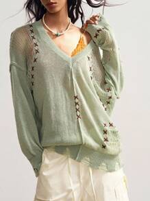 Bohemela 复古镂空刺绣落肩宽松针织毛衣西部复古乡村风度假夏/秋季绿色毛衣针织上衣毛衣上衣针织毛衣夏季毛衣秋季上衣 - 綠色 - 查看 5