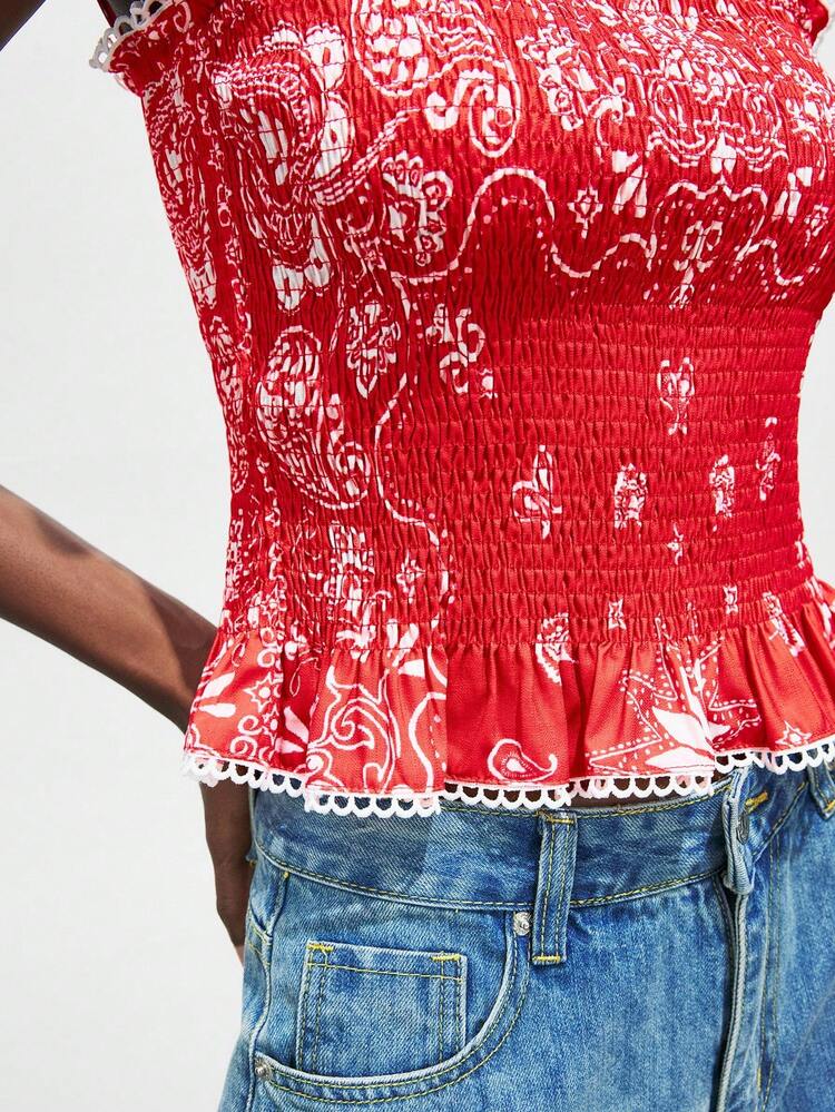 SHEIN Maija 2025 Autumn New Paisley Pattern Placement Print Tie Shoulder Top For Women, Elegant Urban Romantic Modest Y2K Country Music Festival Vintage Korean Airport Travel Street Wedding Guest Birthday Halloween Business Casual Office Date Party Outing Back To School Fall