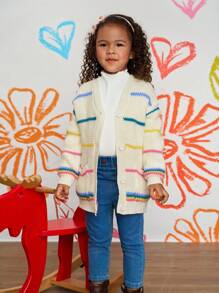 CutesyCutie 彩色条纹宽松休闲女童开衫毛衣，彩虹针织开衫，女童开衫毛衣，纽扣彩虹开衫，秋季毛衣，女童毛衣开衫，女童冬季开衫 - 米色 - 查看 4