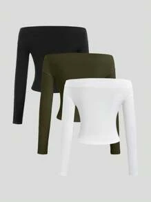 Sweetra 3 pièces Ensemble pour femmes top manches longues décolleté épaules, crop top ajusté, confortable et doux pour la peau, amincissant - Multicolore - Voir 2