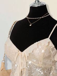 SHEIN ICON Women's Sexy Versatile Shoulder-Exposing Sequined Splicing Chiffon Cropped Sleeveless Camisole Sheer Ruffle Hem Top Sequin Top Glitter Top Sparkly Top Bling Top Ruffle Top - Apricot - View 4