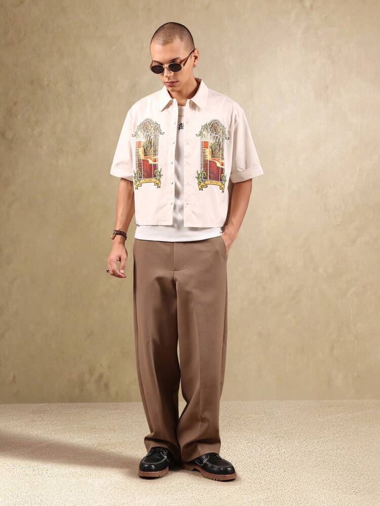Window Frame Printed Artsy Casual Sophisticated Button Down Short Sleeve Shirts
