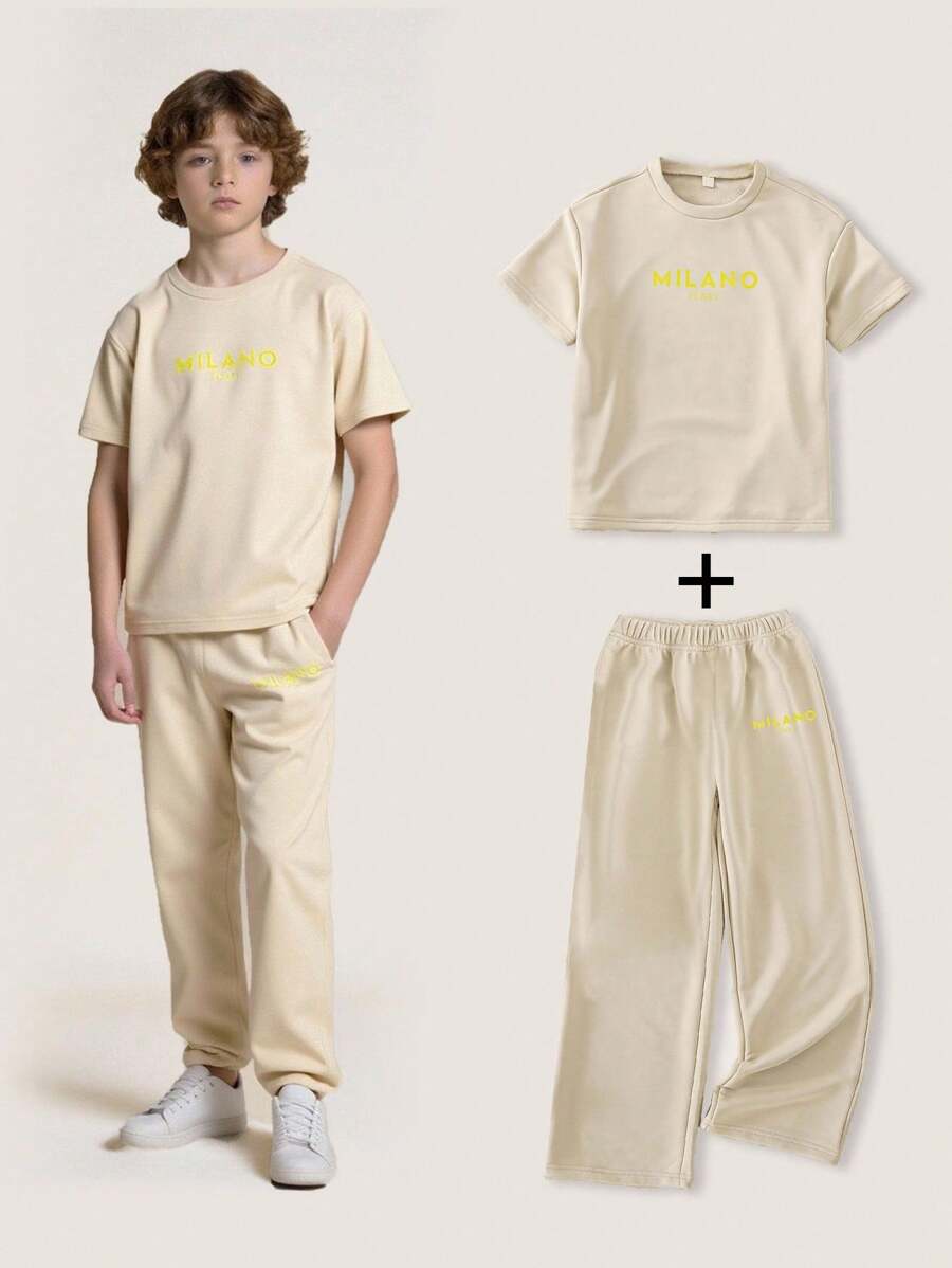 SHEIN Explorewe Casual Loose Fit Short Sleeve T-Shirt And Plain Straight Leg Pants Set For Tween Boys Summer 2025 Back To School Season Kids College Style And Campus Athleisure Boys 2 Piece Set Boys Summer Set Toddler Boy Summer Outfit Set - Apricot - View 1