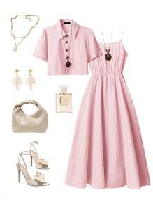 Ellevyn 女士新款时尚优雅两件套，舒适亚麻质感短袖衬衫和吊带背心连衣裙，夏季休闲装