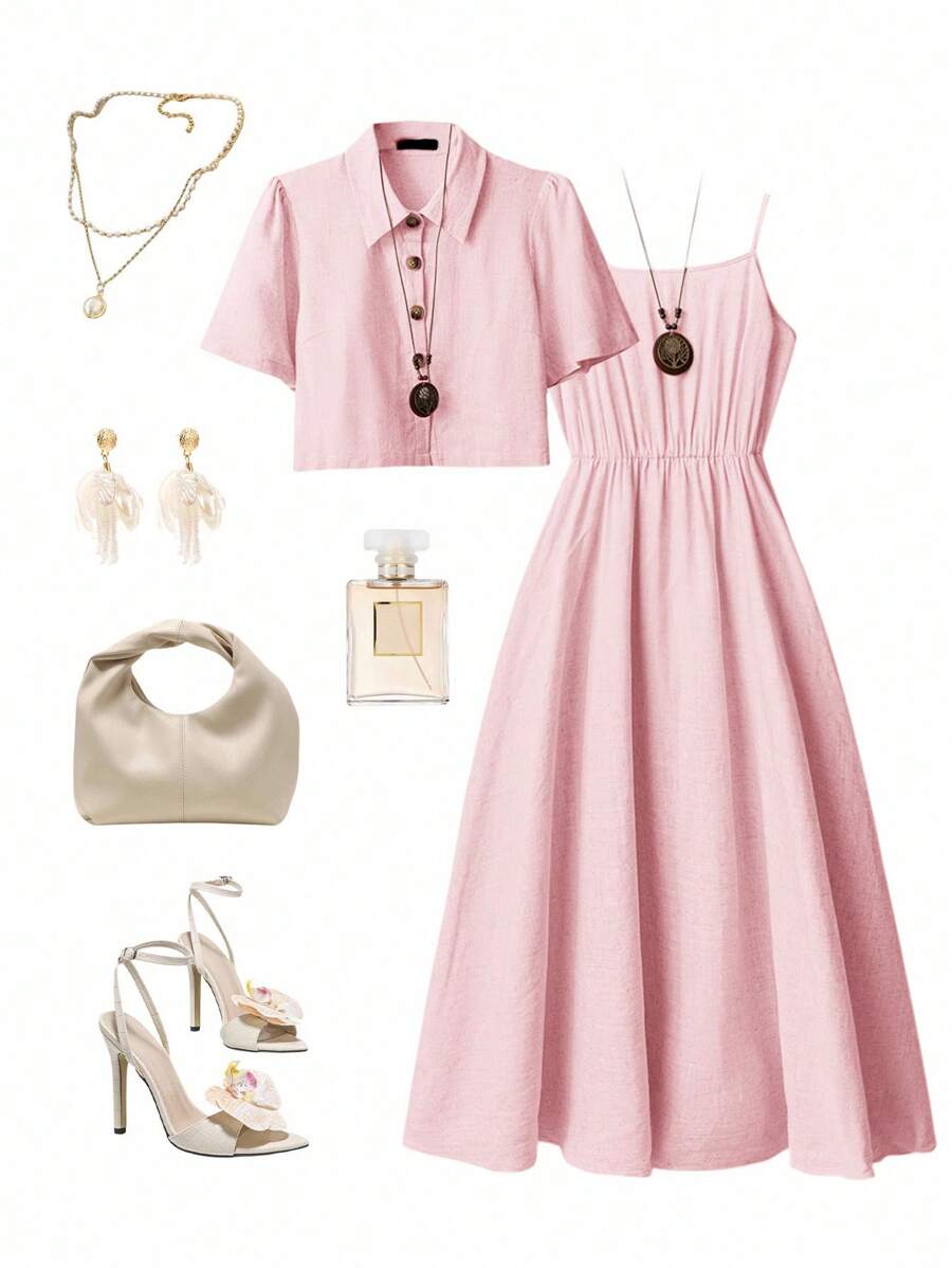 Ellevyn 女士新款时尚优雅两件套，舒适亚麻质感短袖衬衫和吊带背心连衣裙，夏季休闲装