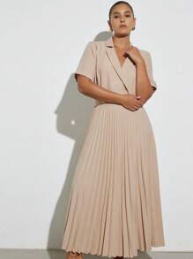 Aveloria Modichic Casual Short Sleeve Crew Neck Dress With Pleated Hem, Elegant And Minimalist Office Style - Khaki - View 4