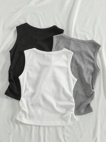 3pcs/Set Girls' Summer Bow Decor Sleeveless Knitted Tank Top, Crew Neck, Black/White/Gray, Suitable For Daily, Casual, Holiday, Festival - Multicolor - View 2