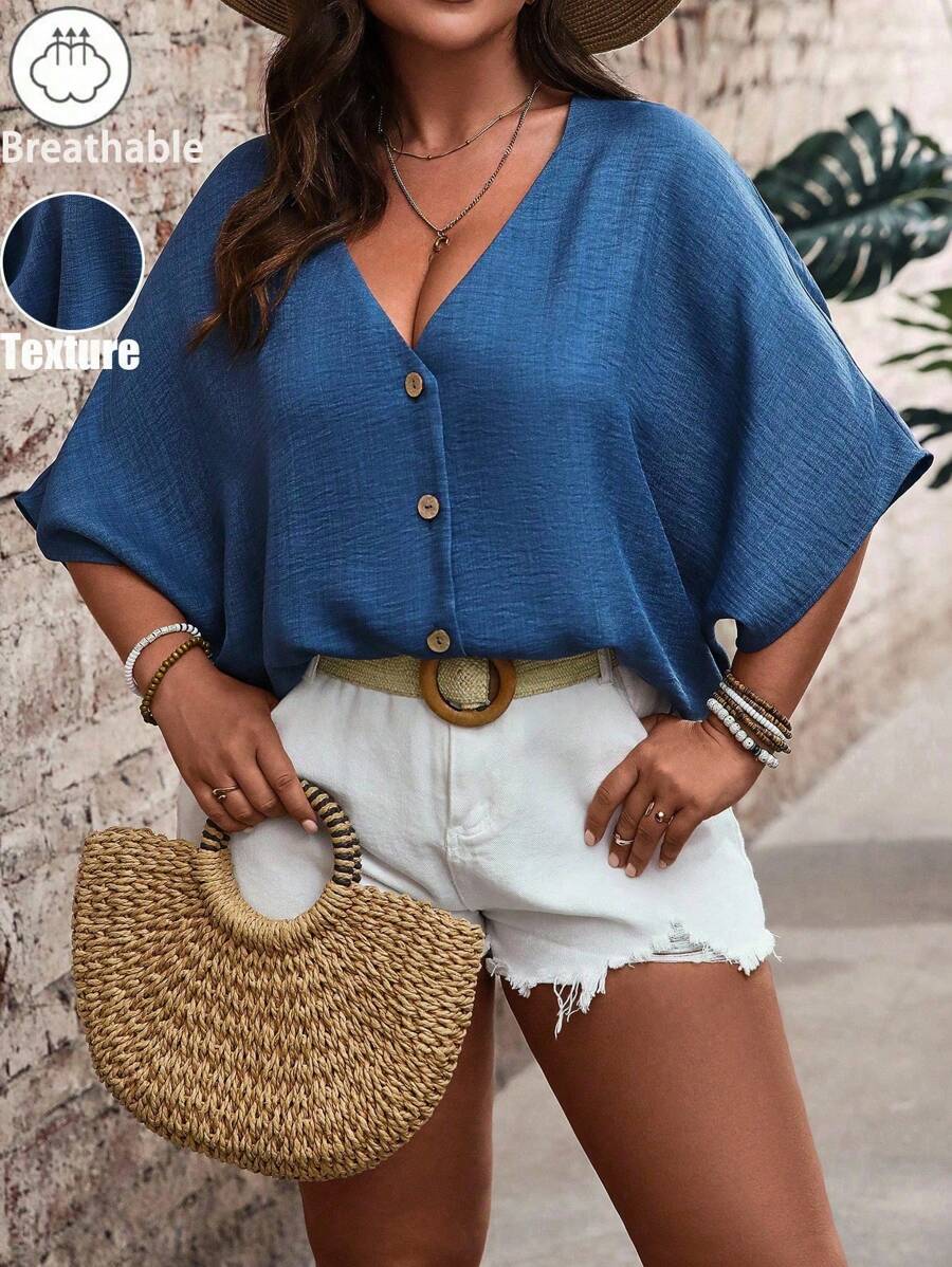 SHEIN LUNE Plus Size Drop Shoulder Loose Open Front Button Down Long Sleeve Casual Everyday Shirt