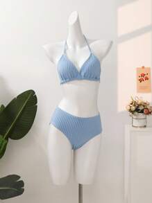 蓝色调少女分体泳衣：条纹特殊面料泳衣，展现青少年时尚海滨审美 - 彩色 - 查看 5