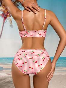 Swim Mod 女士夏季海滩格子樱桃印花性感比基尼泳装套装，随机印花 - 彩色 - 查看 2