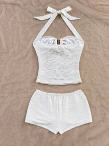 Soleia 女士度假露背吊带上衣和短裤套装，海滩、西部、节日、夏季服装，波西米亚风格 - 白色 - 查看 2