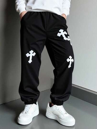 SHEIN Tween Boys' Casual Street Graphic Loose Fit Drawstring Waist Woven Long Pants, Suitable For Outdoor Play, School, Street Style, Party, And Lounging, For Spring, Summer, Autumn And Winter