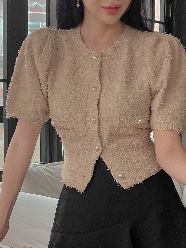 Women's Solid Color Short Puff Sleeve Single-Breasted Fashionable Cardigan