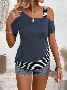 EMERY ROSE Patchwork Striped Asymmetrical Collar Casual T-Shirt Graphic Tees Women Tops