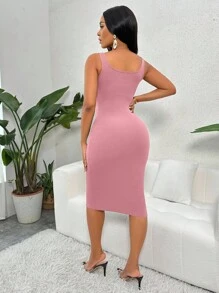 VaVaBold Vestido largo de punto ajustado con medio botón y acanalado, color burdeos, atuendo de mujer - Rosa vieja - Ver 2