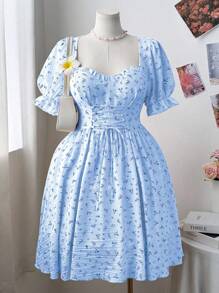 Flirla 大码女式小碎花交叉肩带连衣裙 - 淺藍色 - 查看 1