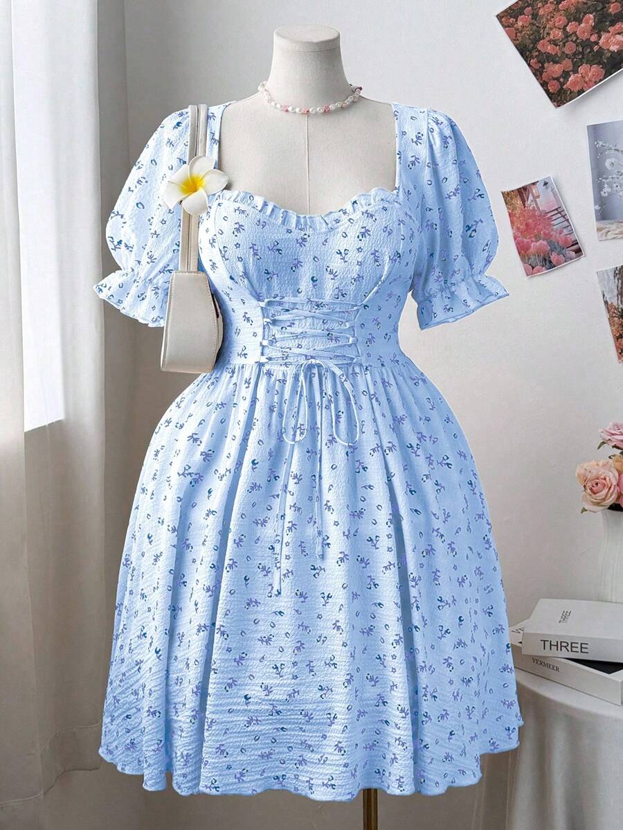 Flirla 大码女式小碎花交叉肩带连衣裙 - 淺藍色 - 查看 1