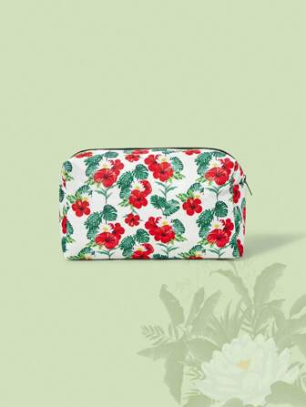 The White Lotus 1pc Flower Pattern Zipper Cosmetic Bag, Fashion Makeup Pouch