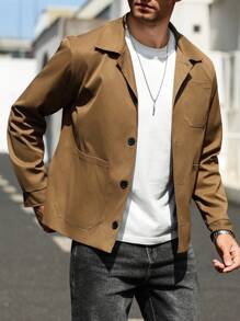 Manfinity Homme Men's Casual Solid Color Long Sleeve Single-Breasted Shacket With Multiple Pockets, Brown Jacket For Men, Men Shacket, Tan Jacket Men, Fall Men S Tops - Coffee Brown - View 3