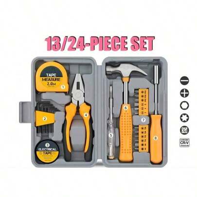 24pcs Steel Household Tool Box Set, Tool Kit For DIY, Necessities For Daily Decoration And Maintenance, Creative Gift For Ladies 1 Set Home Manual Tool Set, Electrical Hardware Repair Tool, Home Multi-Functional Vehicle Combination Toolbox Set,Tools For Men