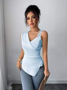 Elenzga Women's Elegant Satin Sleeveless Asymmetrical Lace Trim Camisole Tank Tops, Suitable For Casual Daily Life, Parties And Gatherings - Baby Blue - View 1
