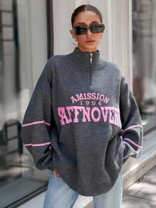 SHEIN Cottnline Women's Stand Collar Sweater With Letter Pattern - Dark Grey - View 7