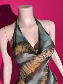 Slaydiva 2025 Frühlings-/Sommer Neues Boho Musikfestival, Ostern, Western, nomadischer Stil langes Kleid für Geburtstagsparty, Abschluss, Studenten Alltag, Lässig, Urlaub, Kreuzfahrt, Strand, Sonnenanbetung, sexy grünes Tierdruck Mesh trägerloses rückenfrei High Slit Maxikleid für Damen