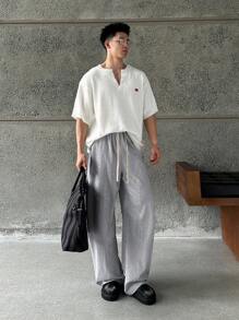 Manfinity BRENVOR Men's Casual Fashion Long Woven Curved Stripe Pants - Black - View 4