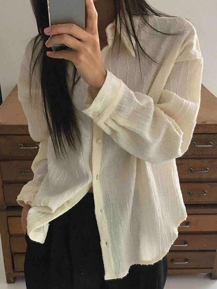 Women's Solid Color Front Button Long Sleeve Casual Blouse, Summer