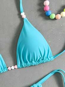 Swim Mod 2pcs/Set Women's Beach Vacation Plain Color Heart Beaded Decor Halter Backless Sexy Bikini Set For Summer - Blue - View 5