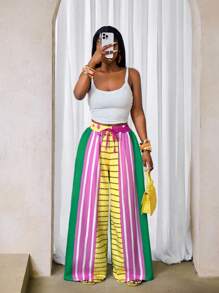 BamGleam 2025夏季新款阔腿性感撞色休闲裤，带口袋，适合聚会和度假