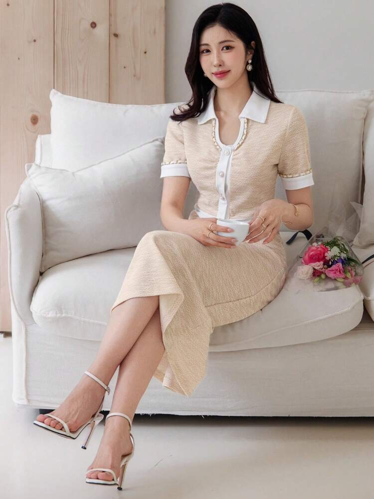 Women 2pcs Set Contrast Color Block T-Shirt And Skirt