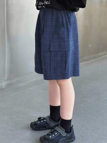 DAZY 青少年男孩松紧腰格子口袋宽松阔腿短裤 - 藏蓝色 - 查看 6