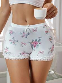 SHEIN 1pc Women's Cute Flower & Bow Decor Panties Floral Panties Ruffle Panties Frilly Panties Floral Lingerie Set Booty Shorts Lingerie - Multicolor - View 3