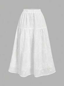 SHEIN MOD 女式松紧腰花卉刺绣百褶休闲裙 - 白色 - 查看 1