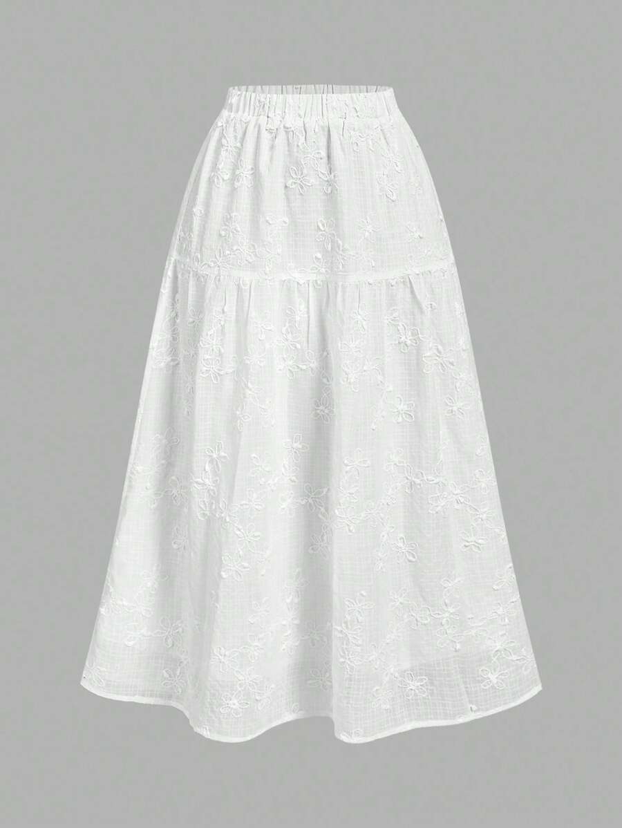 SHEIN MOD 女式松紧腰花卉刺绣百褶休闲裙 - 白色 - 查看 1