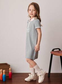 PrepCrw Vestido de manga corta hasta la rodilla con cuello a medias con bloque de colores y decoración de lazo para niñas jóvenes