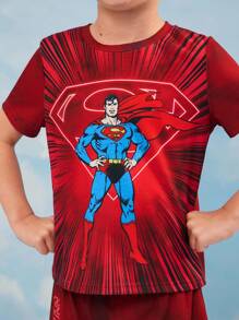 SUPERMAN X SHEIN Conjunto de 2 piezas de camiseta de manga corta con estampado gráfico de superhéroe teñido anudado y pantalones cortos para niño, de verano - Rojo - Ver 4