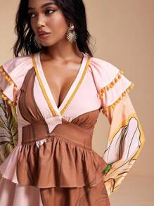 ISELACOS Vestido corto de verano informal con escote profundo en V, volantes y estampado floral tropical para mujeres - Multicolor - Ver 4